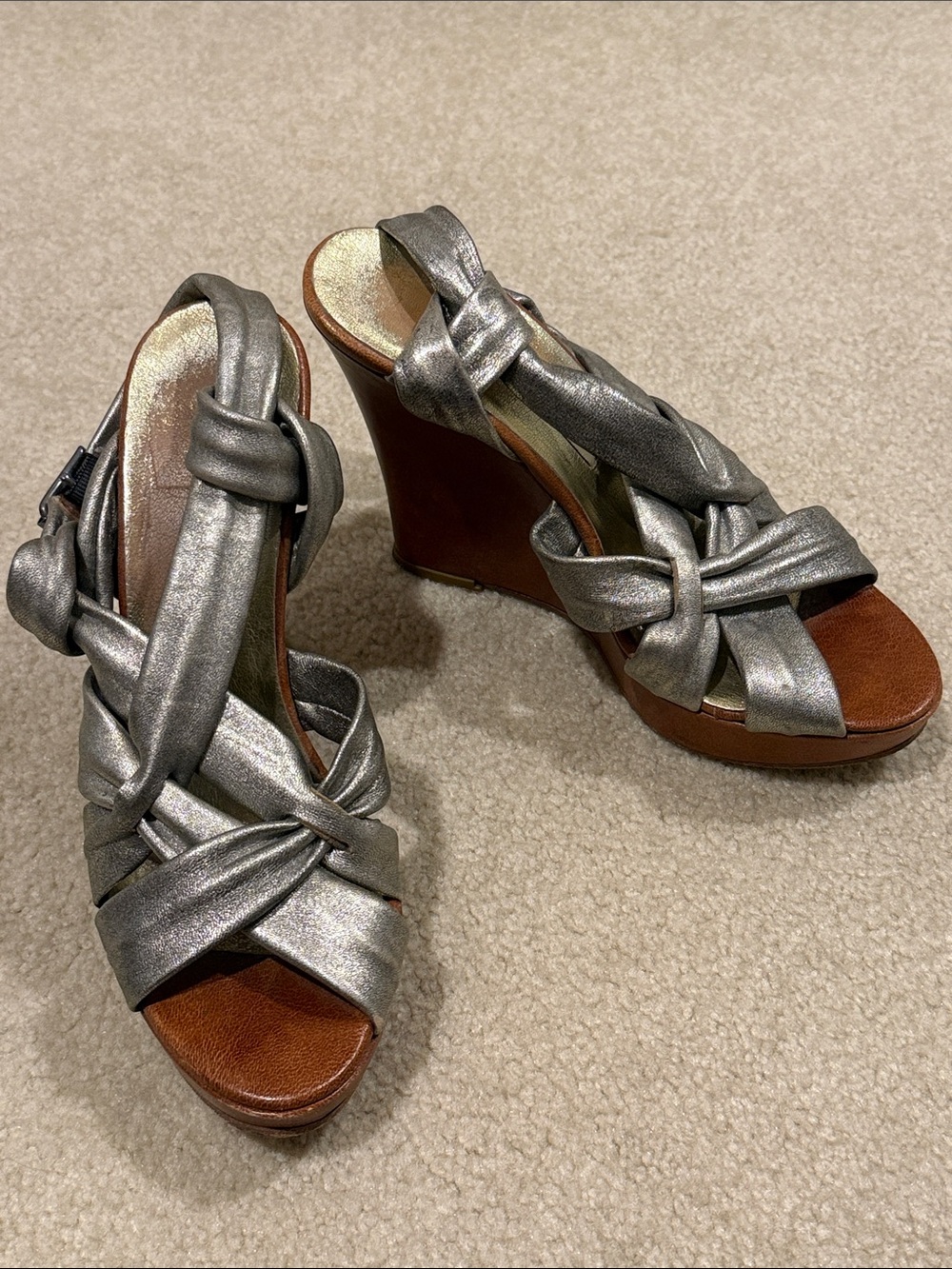 Cynthia Vincent Silver Metallic Knotted Wedge Sandals